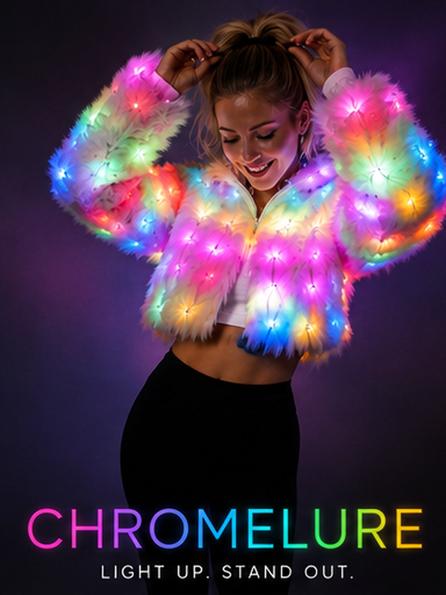 Model wearing the Chromelure LED Light-Up Faux Fur Jacket, lit up in rainbow colors