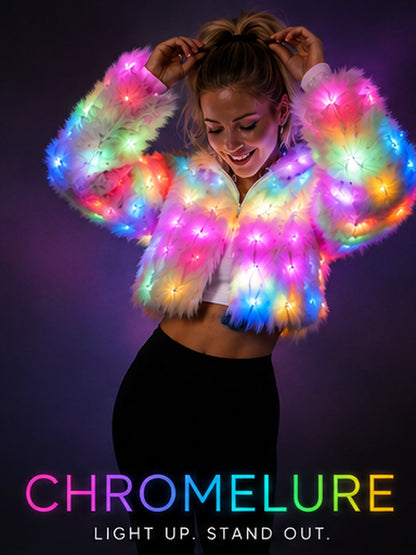 Model wearing the Chromelure LED Light-Up Faux Fur Jacket, lit up in rainbow colors