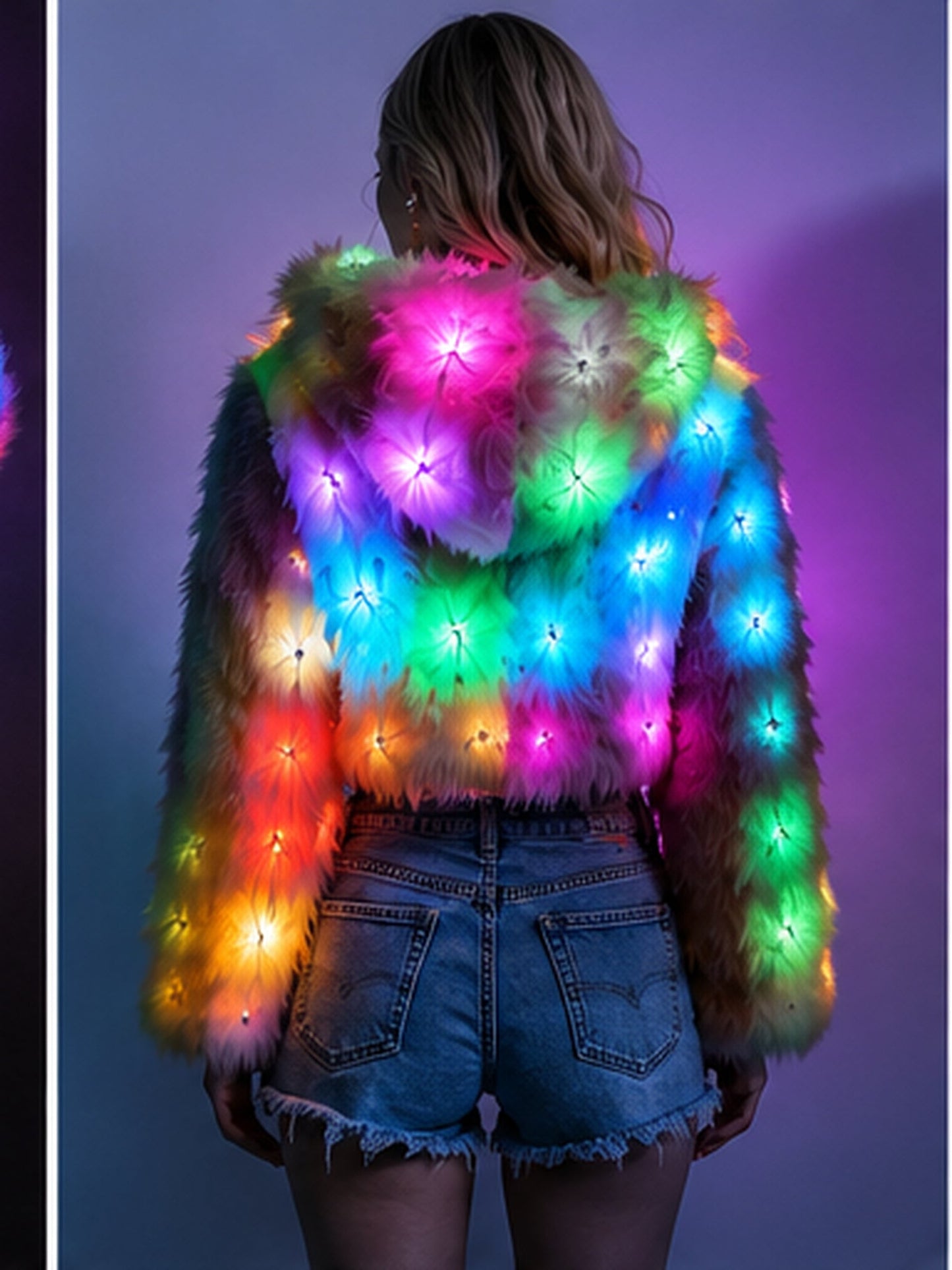 Back view of the Chromelure LED jacket showing the full LED array lit up
