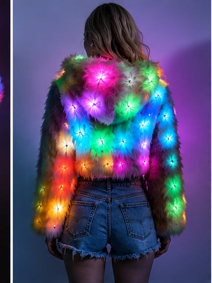 Back view of the Chromelure LED jacket showing the full LED array lit up
