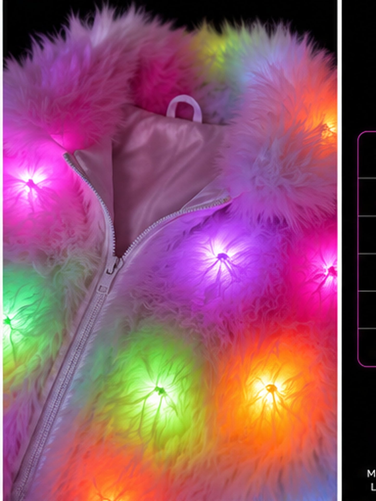 Close-up detail of the faux fur and embedded LED lights on the Chromelure jacket