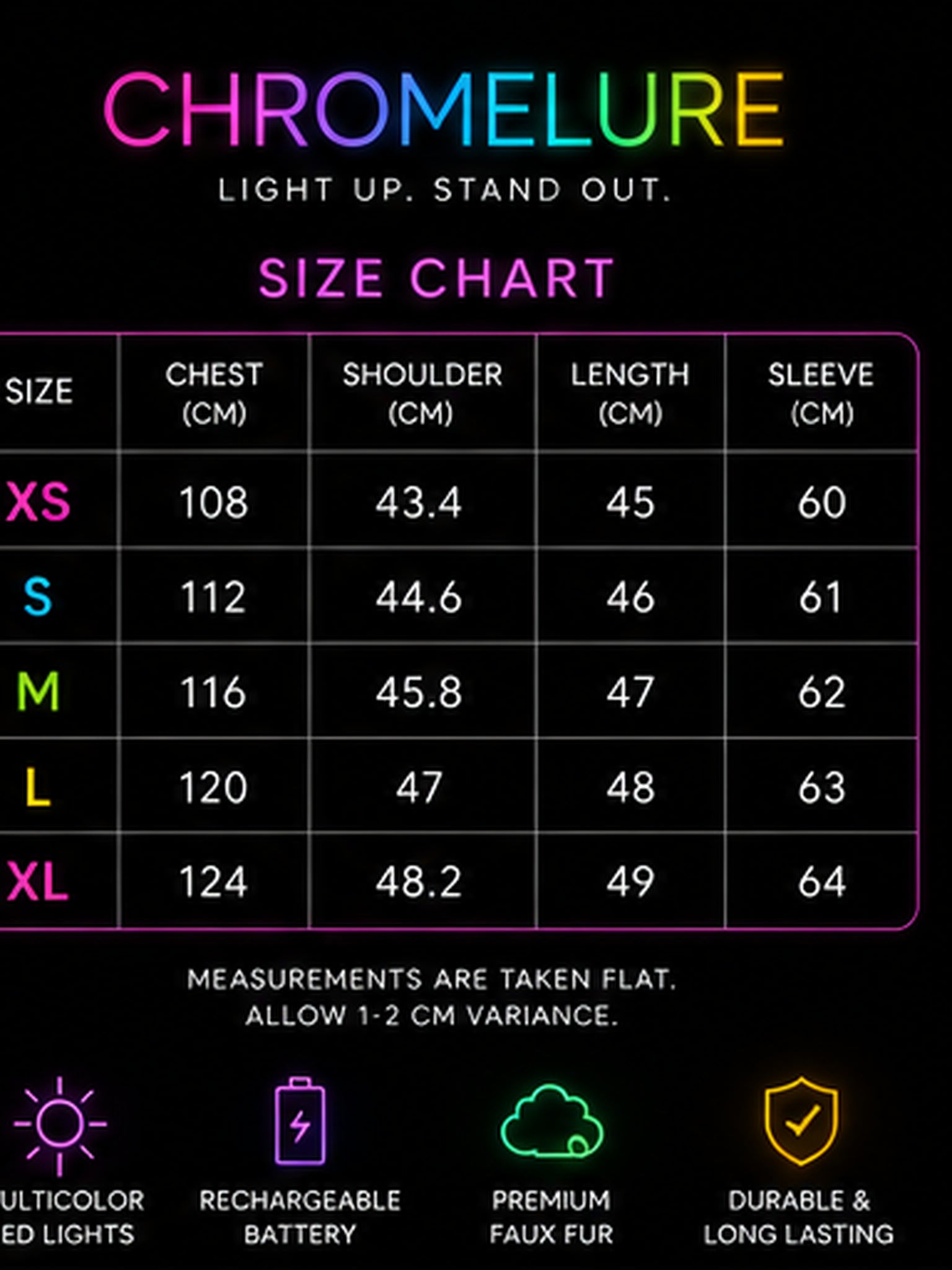 Chromelure LED jacket size chart, sizes XS to XL