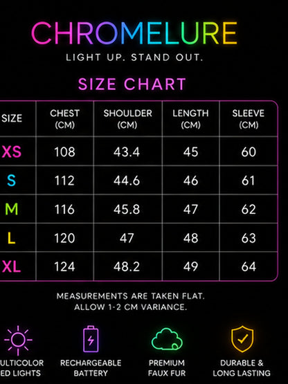 Chromelure LED jacket size chart, sizes XS to XL