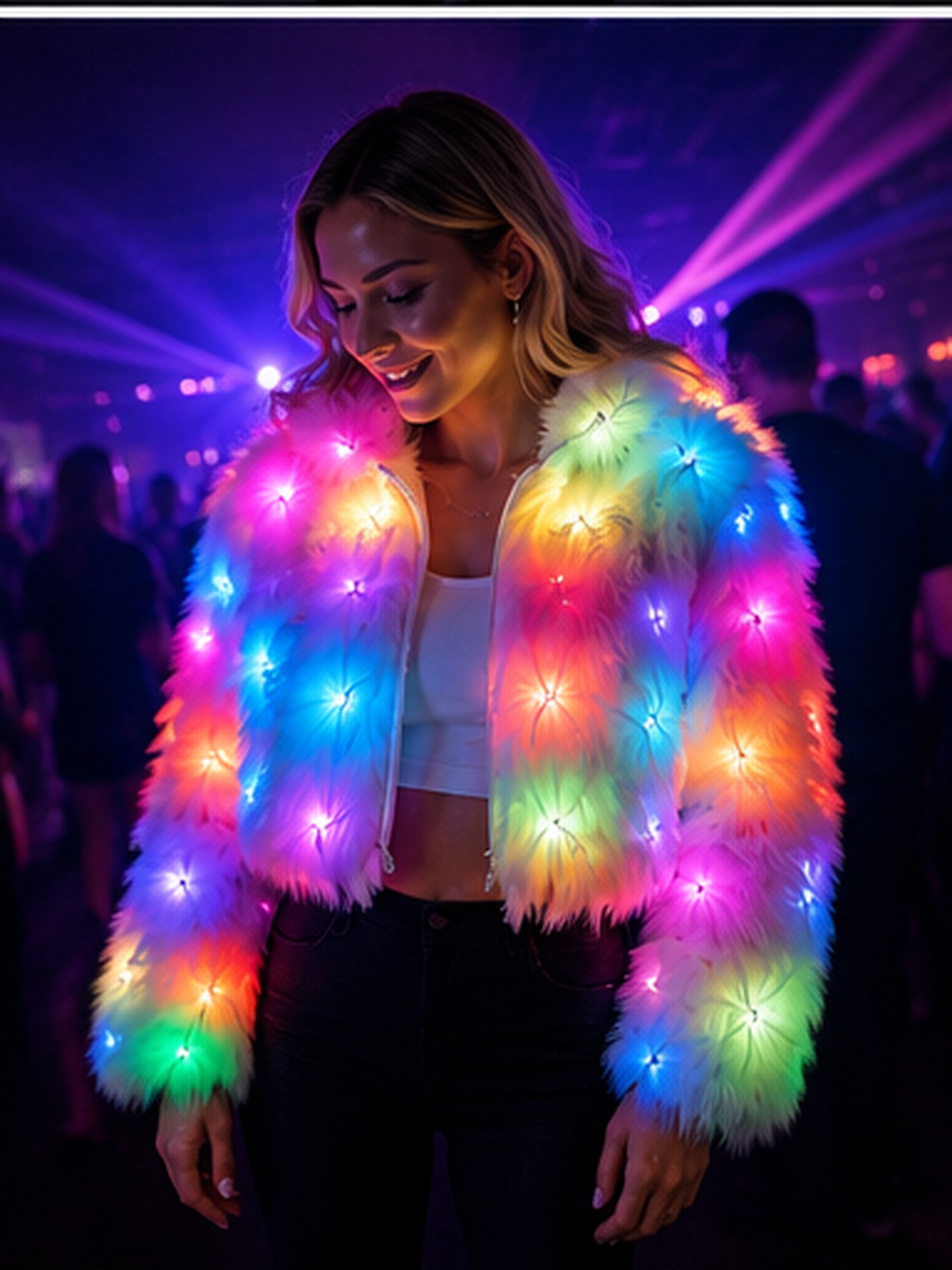 Woman wearing the Chromelure LED jacket at a party with the lights glowing