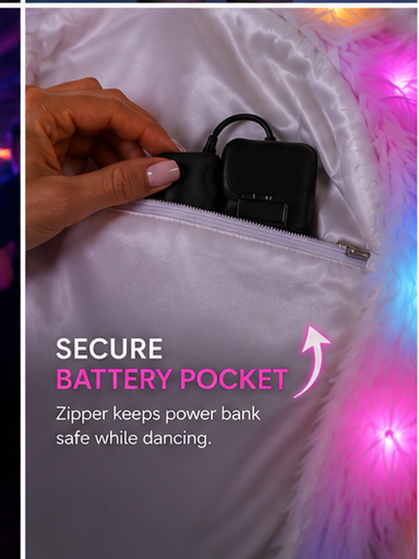Secure zippered battery pocket inside the Chromelure LED jacket