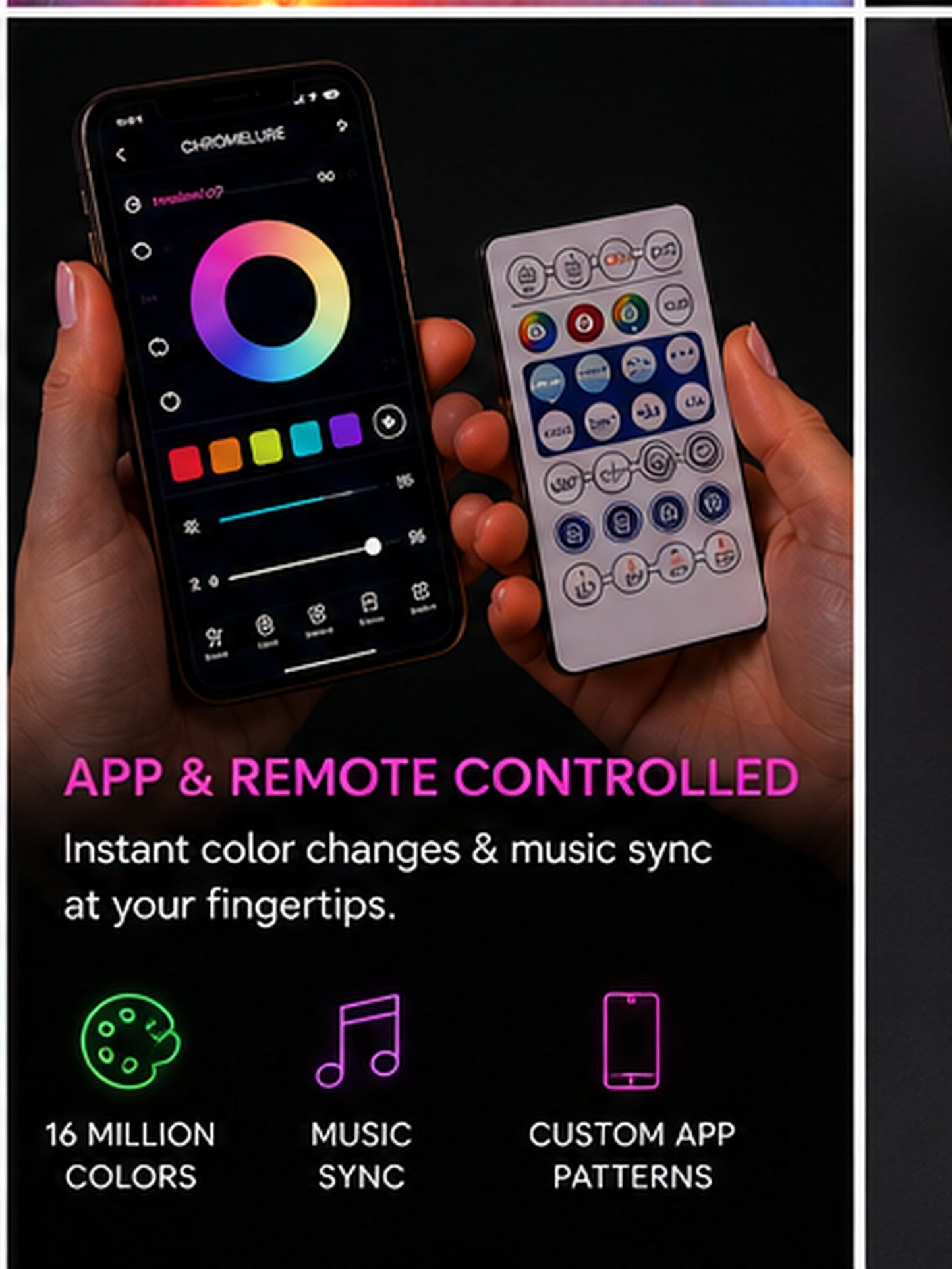 Chromelure app and remote control used to change LED jacket colors and patterns
