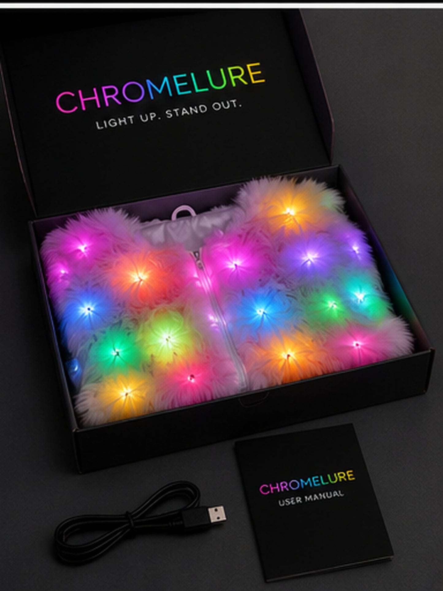 Chromelure LED jacket in its packaging box with USB cable and user manual