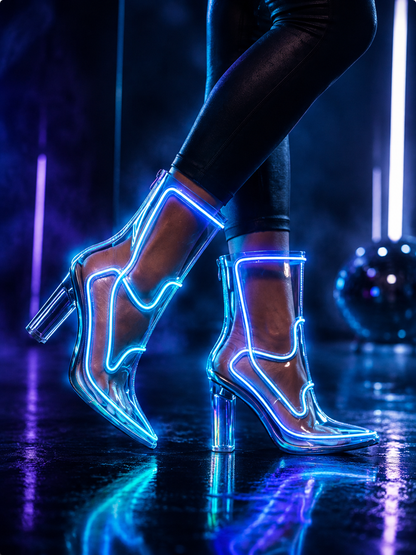 Model wearing Chromelure Blue LED Glow Boots