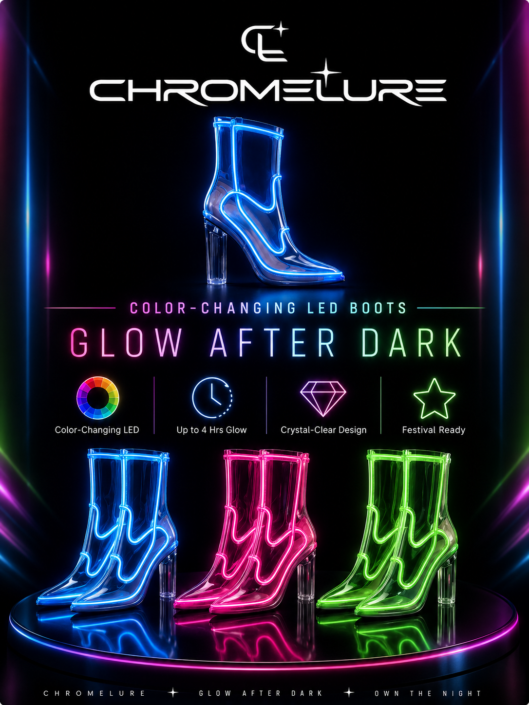 Chromelure Glow After Dark - color-changing LED boots feature graphic