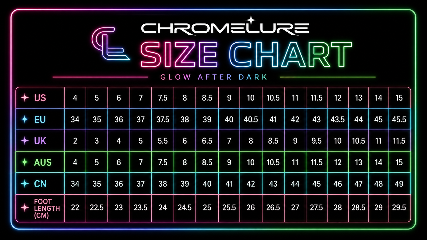 Chromelure LED Glow Boots size chart US EU UK AUS CN